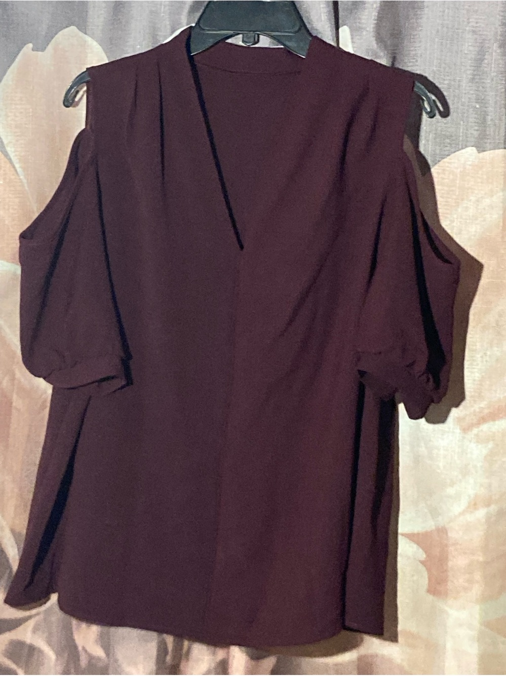Women's Cold-Shoulder V-Neck Top in Deep Burgundy cold shoulder blouse